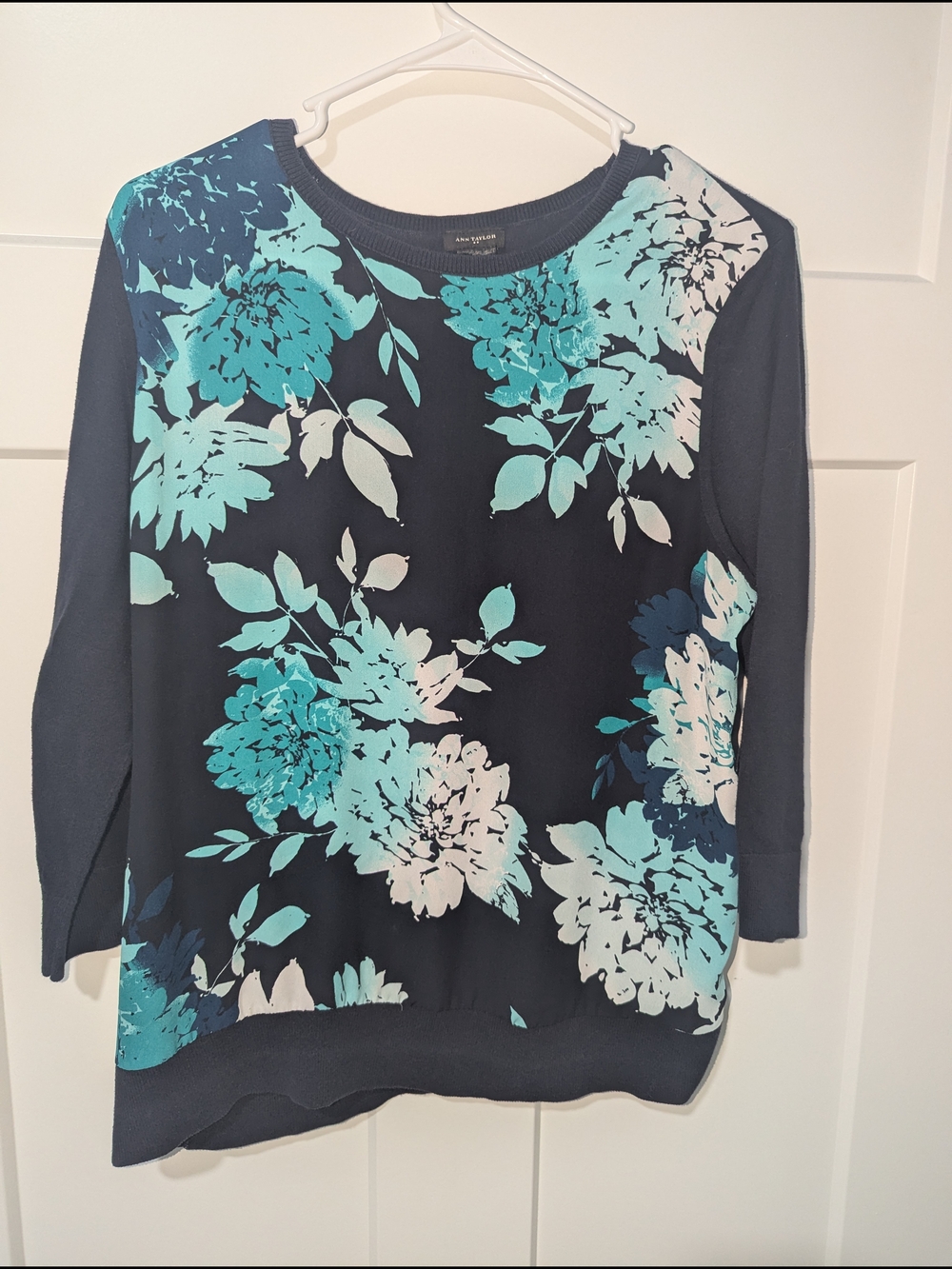 Ann Taylor Navy Sweater with Teal Floral Print